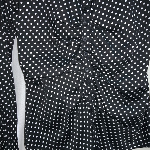 New York & company stretch blouse Sz S ruched Collar polka dot - Picture 2 of 8